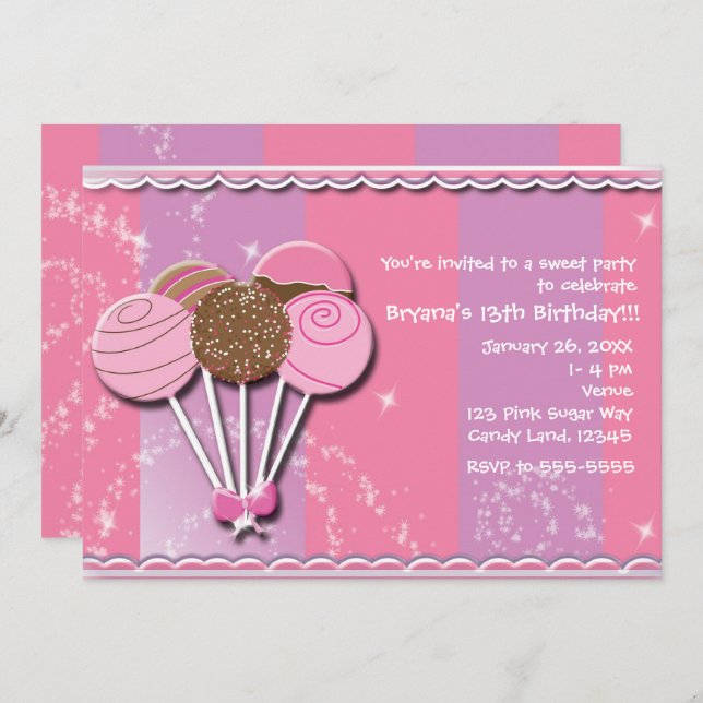 Pink & Purple Cake Pops Birthday Party Invitations (Front/Back)