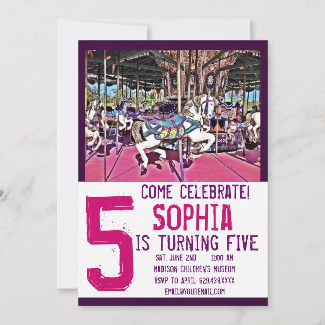 Pink Purple Carousel Horse Birthday Invitations (Front)