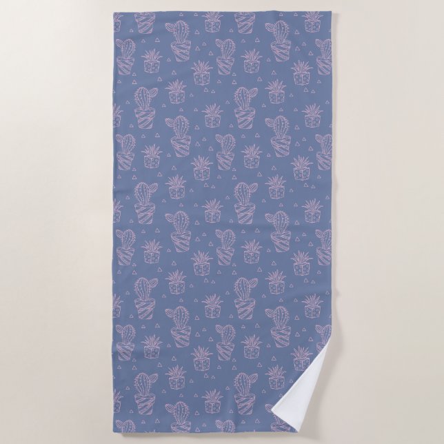 Pink & Purple Cartoon Cactus Pattern Beach Towel (Front)
