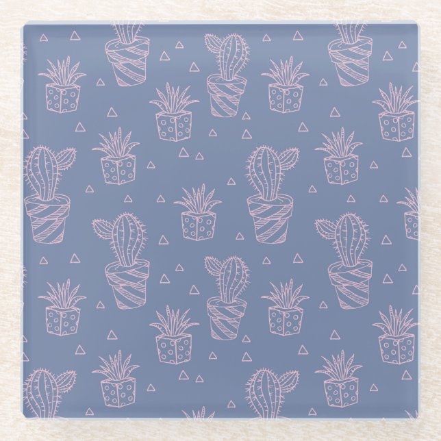 Pink & Purple Cartoon Cactus Pattern Glass Coaster (Front)