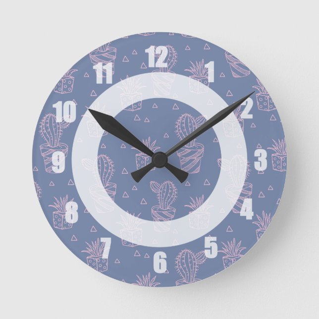 Pink & Purple Cartoon Cactus Pattern Round Clock (Front)