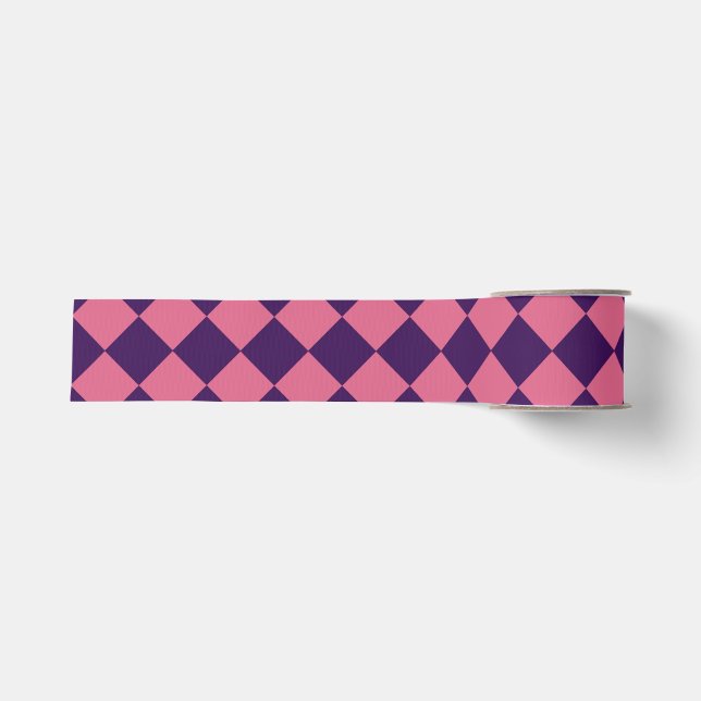 Pink Purple Chequered Diamond Pattern Grosgrain Ribbon (Front)