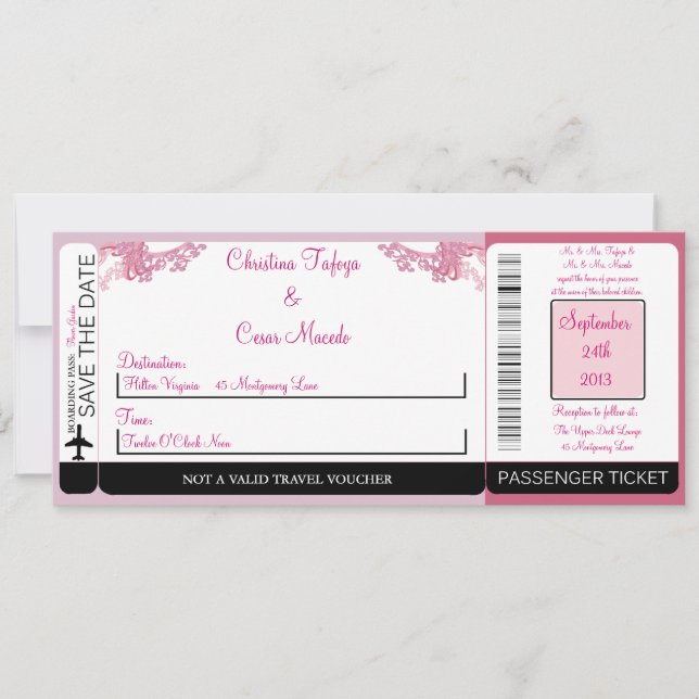 Pink/Purple Chine Boarding Pass Wedding Invitation (Front)