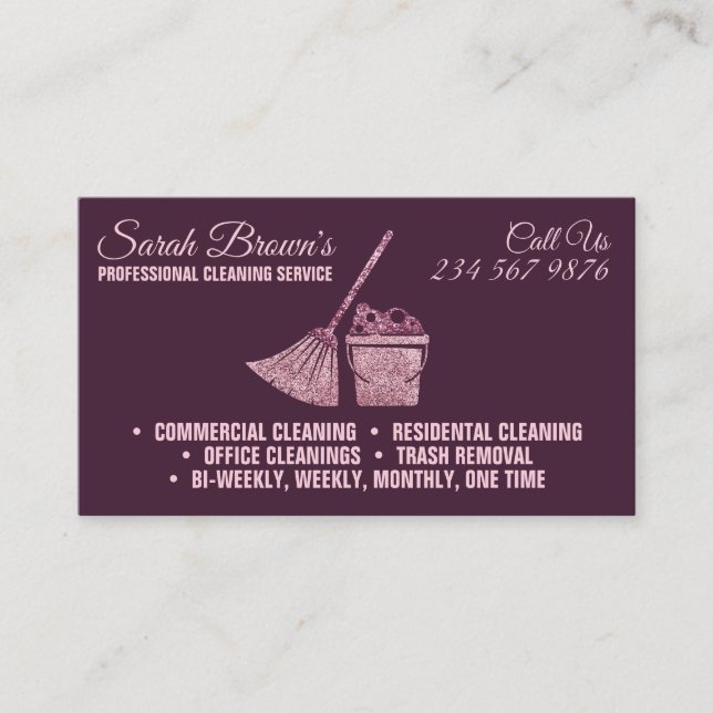 Pink Purple Cleaning Service Maid Janitorial Business Card (Front)