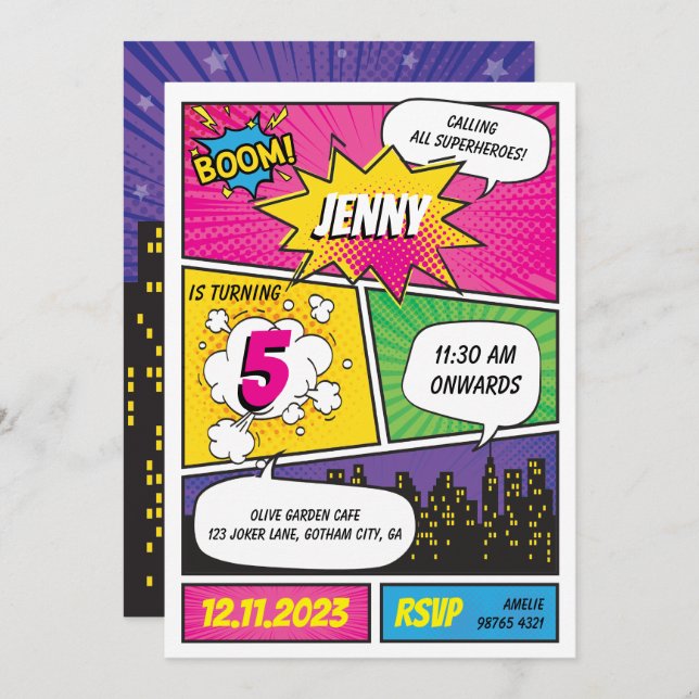 Pink Purple Comic Superhero Birthday Invitation (Front/Back)