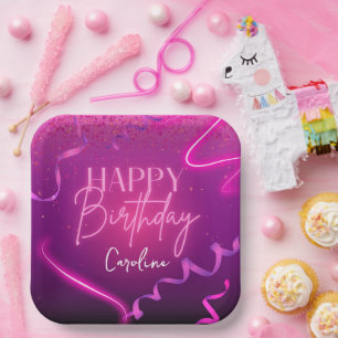 Pink Purple Confetti Neon Lights Happy Birthday  Paper Plate