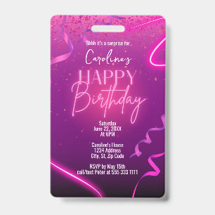 Pink Purple Confetti Neon Surprise Birthday Party Badge