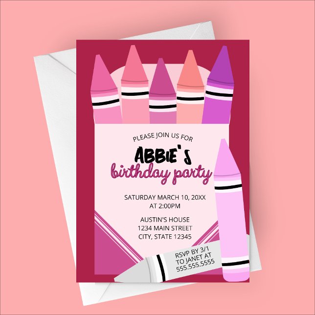 Pink & Purple Crayon Box Birthday Party Invitation (Pink Crayon Box Art Party Birthday Party Invitatoin)