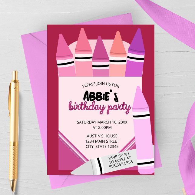 Pink & Purple Crayon Box Birthday Party Invitation (Creator Uploaded)