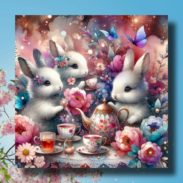 Pink Purple Cute Bunny Easter Tea Party Holiday Card (Creator Uploaded)