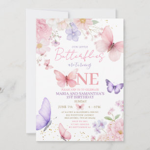 Pink Purple Cute Butterfly Twin Girl 1st Birthday Invitation