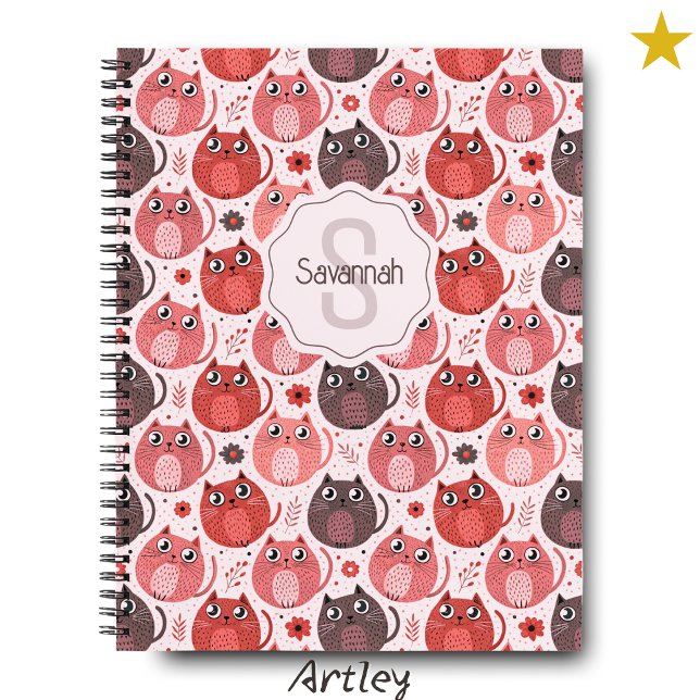Pink Purple Cute Fat Cats Name Monogram Notebook (Creator Uploaded)