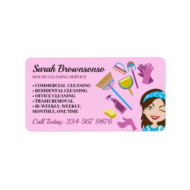 Pink Purple Cute Janitorial Cartoon House Cleaning Label (Front)