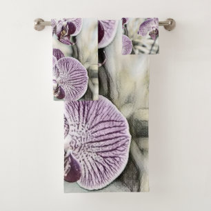 Pink purple cute orchid flowers drawing  bath towel set