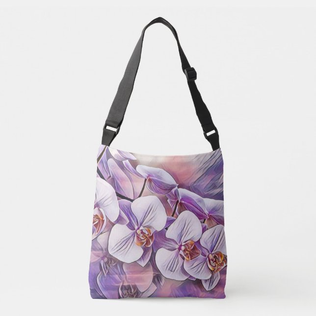 Pink purple cute orchid flowers drawing  crossbody bag (Front)