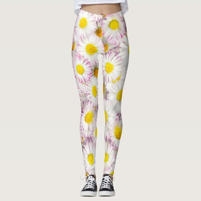 Pink Purple Daisy Flower Pattern Leggings (Front)