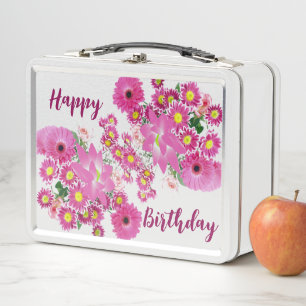 Pink & Purple Daisy Lotus Floral Greenery Birthday Metal Lunch Box