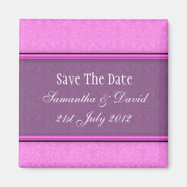 Pink Purple Damask Monogram Save The Date Magnet (Front)