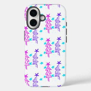 Pink Purple doodle christmas tree stars holiday pa iPhone 16 Case