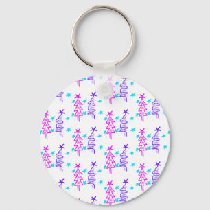 Pink Purple doodle christmas tree stars holiday pa Keychain