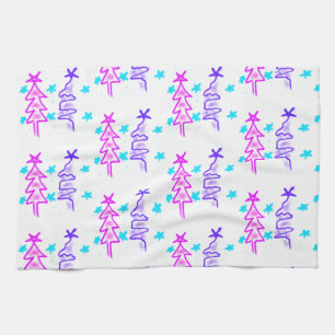 Pink Purple doodle christmas tree stars holiday pa Kitchen Towel