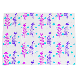 Pink Purple doodle christmas tree stars holiday pa Large Gift Bag