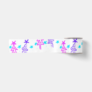 Pink Purple doodle christmas tree stars holiday pa Satin Ribbon