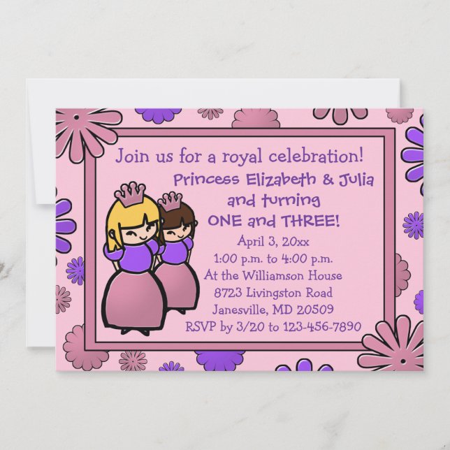 Pink & Purple Double Princess Birthday Invitation (Front)