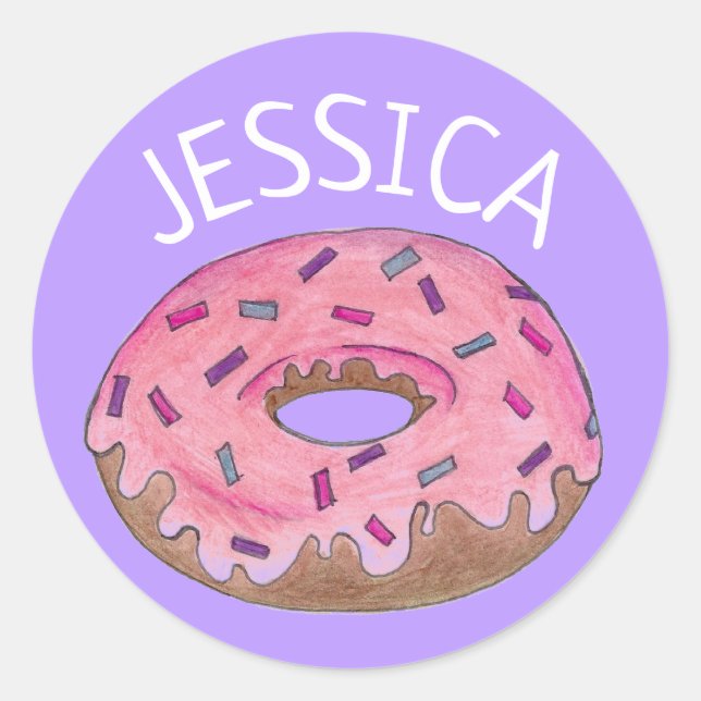 Pink Purple Doughnut Doughnut Sprinkles Personaliz Classic Round Sticker (Front)