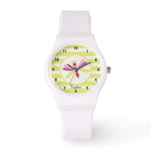 Pink & Purple Dragonfly on Lime Green Stripes Watch