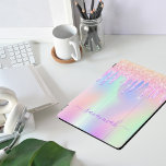 Pink purple drips holographic iPad pro cover<br><div class="desc">A trendy holographic background with unicorn and rainbow pastel colours in pink, purple, mint green. Decorated with drips in pink and purple. Purple coloured letters. Personalize and add your name. The name is written with a modern hand lettered style script with swashes. To keep the swashes only delete the sample...</div>