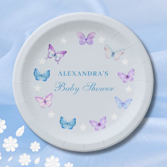 Pink Purple Dusty Blue Butterfly Baby Shower Paper Plate (Creator Uploaded)