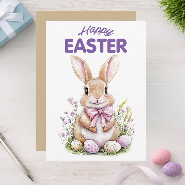 Pink Purple Easter Bunny Floral Happy Easter Card (Creator Uploaded)