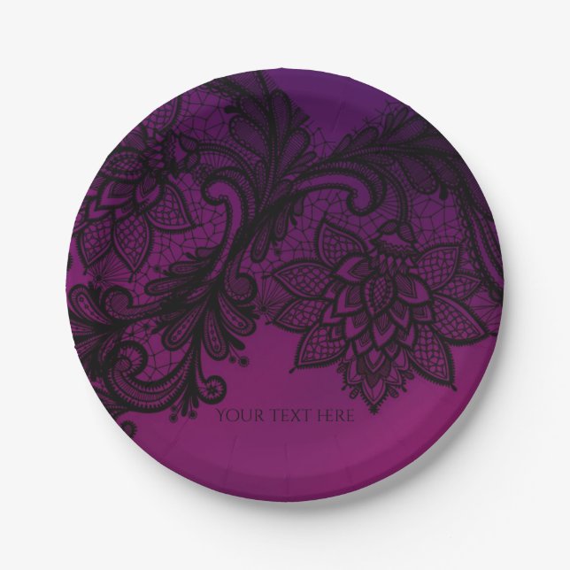 Pink & Purple Elegant Black Lace Party Paper Plate (Front)