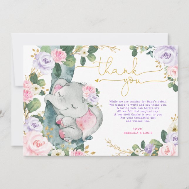 Pink Purple Elephant Baby Shower Thank You Card  (Front)