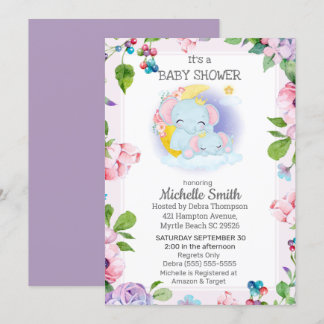 Pink Purple Elephant Floral  Mom Baby Shower   Invitation