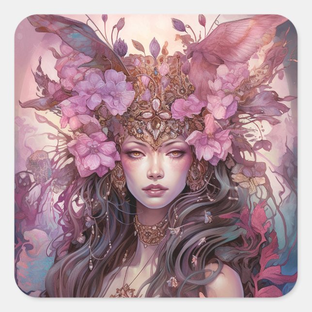 Pink Purple Fairy Queen Fantasy Art Square Sticker (Front)