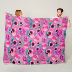 PINK & PURPLE FALL PUMPKINS & AQUA SUNFLOWERS FLEECE BLANKET