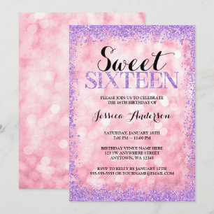 Pink Purple Faux Glitter Lights Sweet 16 Birthday Invitation