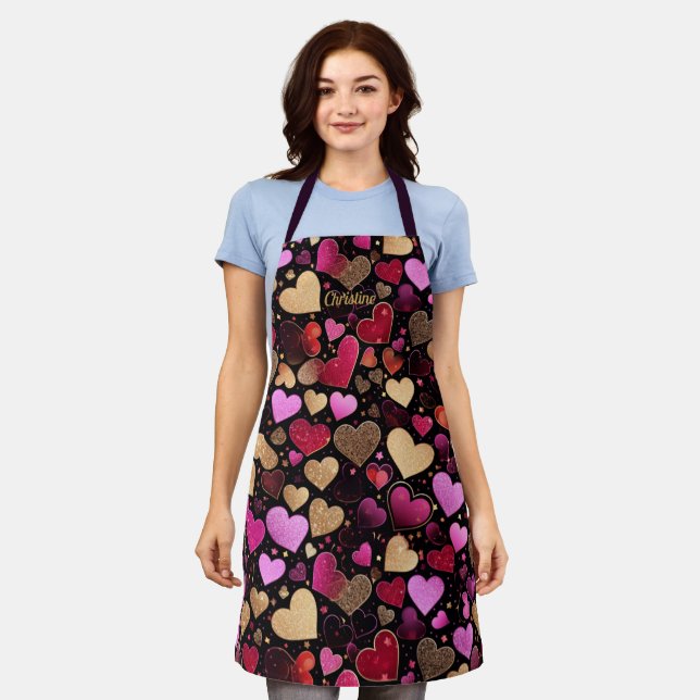 Pink purple faux golden hearts modern custom name  apron (Worn)