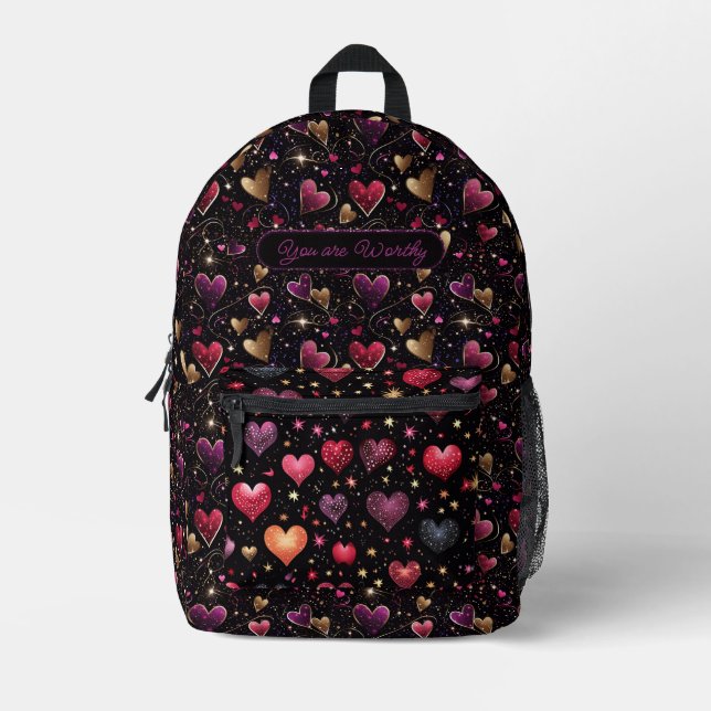 Pink purple faux golden hearts modern custom name  printed backpack (Front)
