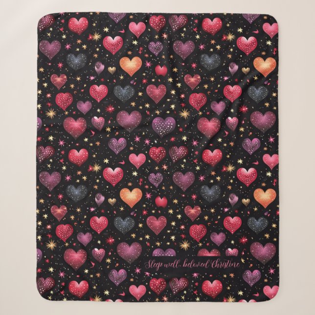 Pink purple faux golden hearts modern custom name  sherpa blanket (Front)