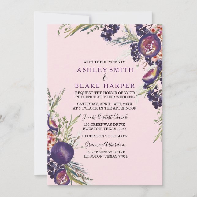 Pink Purple Fig Watercolor Floral Wedding Invite (Front)