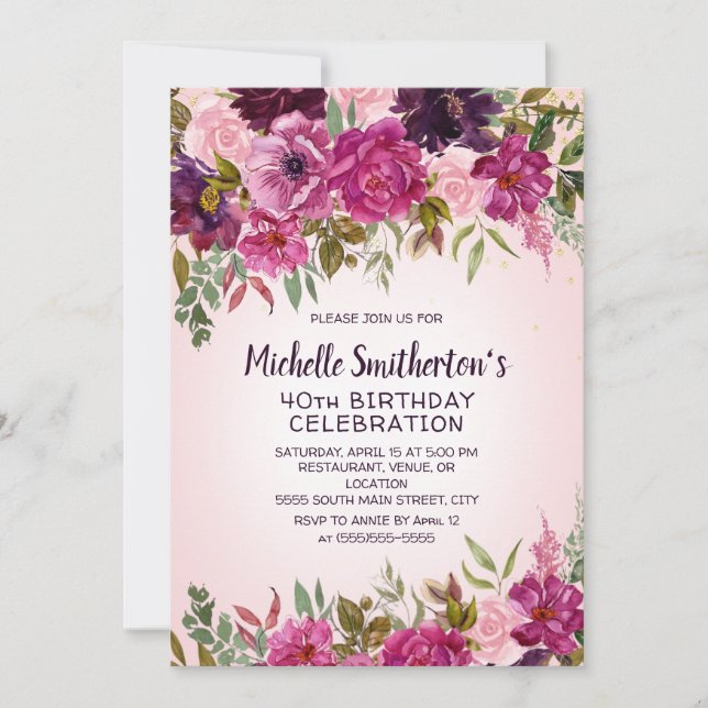 Pink Purple Floral 40th Birthday Invitation (Front)