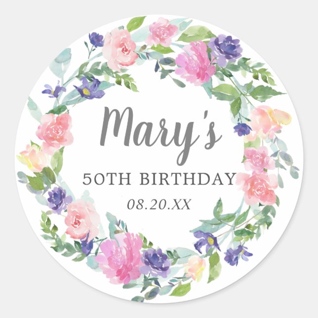Pink Purple Floral 50th Birthday Envelope Seal (Front)