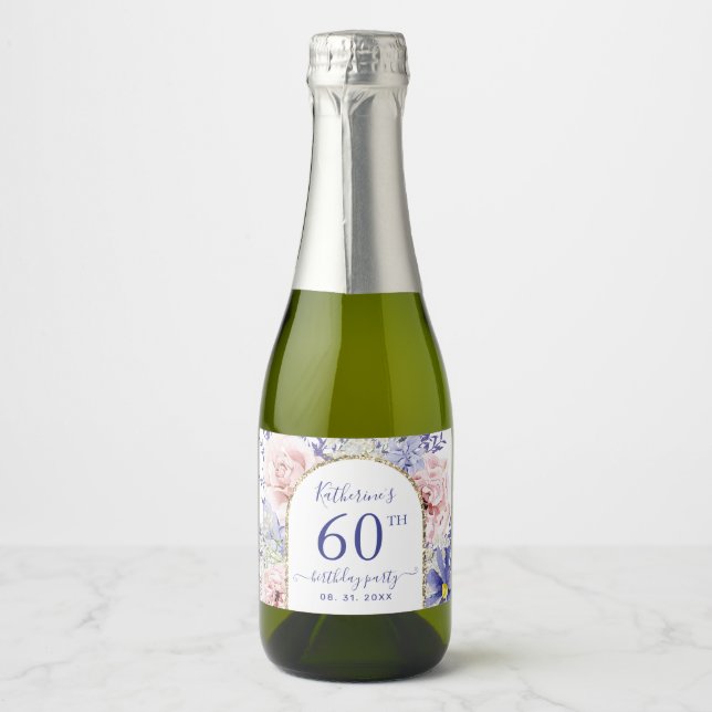 Pink Purple Floral 60th Birthday Party  Sparkling Wine Label (Front)