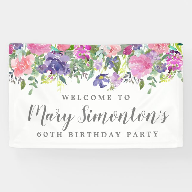 Pink Purple Floral 60th Birthday Party Welcome Banner (Horizontal)
