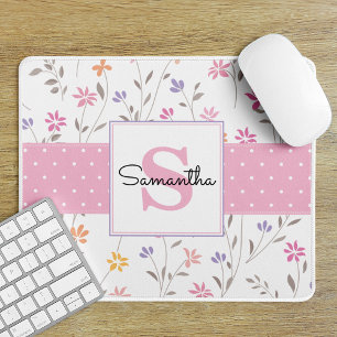 Pink Purple Floral and Polka Dot Monogrammed Mouse Pad