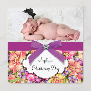 Pink Purple Floral Baby Girl Photo Christening Invitation