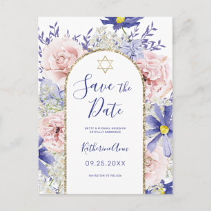 Pink Purple Floral Bat Mitzvah Save the Date Postcard